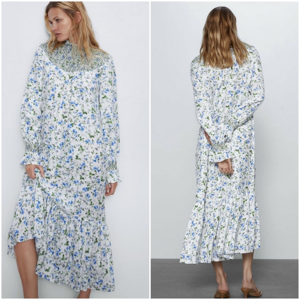 Zara rustic printed floral midi dress smocked